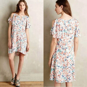 Anthropologie Maeve Watercolor Dress Size Small Flutter Slit Sleeve Dot Print